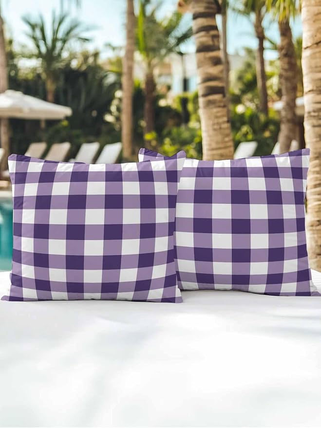 Waterproof Outdoor Pillow Set of 2 Purple Buffalo Plaid Decorative Throw Pillows Cover & Insert 16x16 Inch Pillowcase Check Lines Square Pillows for Couch Sofa Bed Patio Furniture Indoor Outdoor
