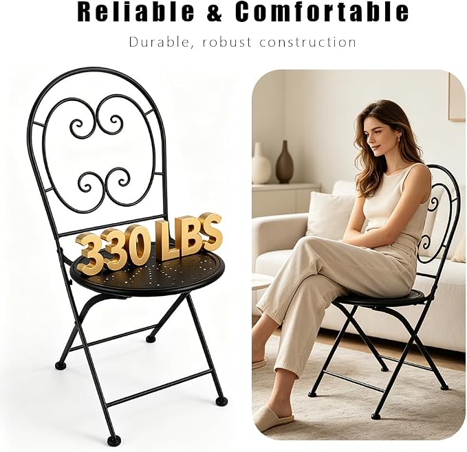 Folding Patio Chairs Set of 2 Mosaic Bistro Chair Outdoor Seating | Garden Patio Furniture Seating Heavy Duty Metal Frame Dining Chairs for Lawn Yard Balcony Porch Backyard Poolside