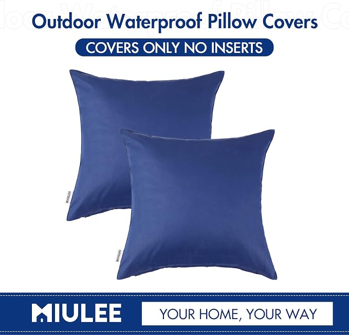 MIULEE Pack of 2 Decorative Outdoor Waterproof Pillow Covers Square 18x18 Inch Navy Blue with 2 Outdoor Pillow Inserts