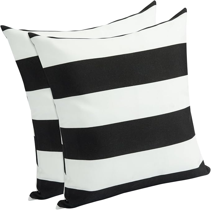 FUNHOME Outdoor Throw Pillows Water Resistant 18x18 inch,Decorative Throw Pillow with Insert Set of 2,Hidden Zipper Headrests for Patio Furniture Sofa Couch Chair (Black White Stripe)