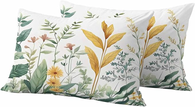 Outdoor Pillow Covers 20x12 Set of 2, Yellow Green Botanical Waterproof Patio Throw Pillow Covers for Couch Sofa Chair, Rustic Watercolor Leaves Decorative Pillowcases for Throw Pillows