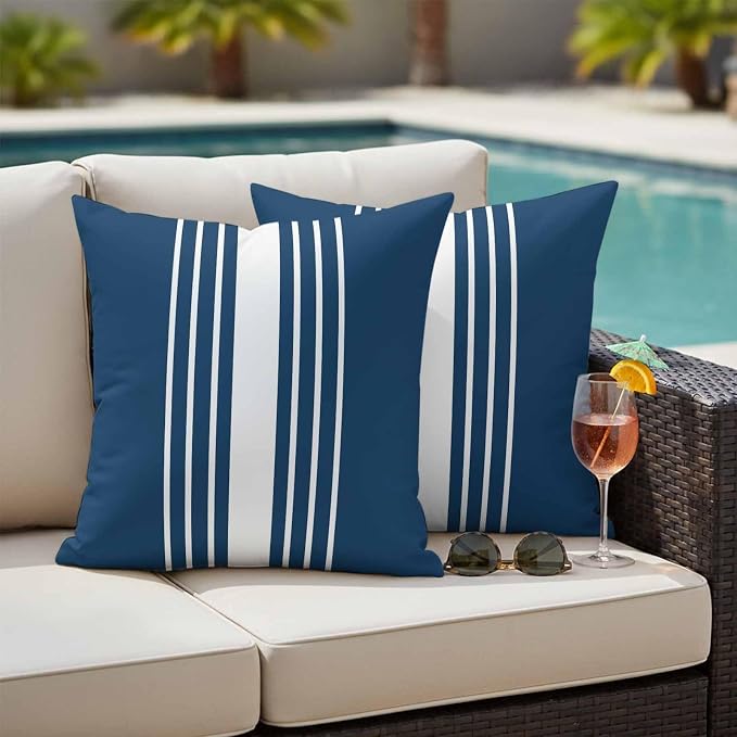 Navy Blue White Stripe Outdoor Pillow Covers 24x24 Inch Throw Pillow Covers Set of 2 Waterproof Decorative Pillow Cases Modern Rustic Vertical Striped Cushion Covers for Patio Furniture Garden Couch