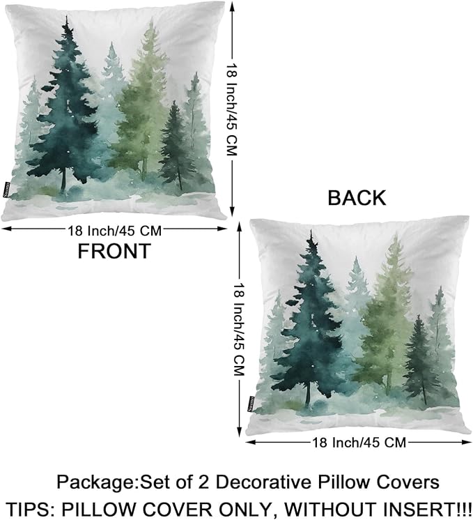 Swono 18"X18" Throw Pillow Covers Fir Trees, Watercolor Christmas Pine Fir Forest Boho Pillowcase Cushion Covers for Couch Bed, Green Square Decorative Pillow Cover Home Sofa Bedroom Car, 2 Pcs