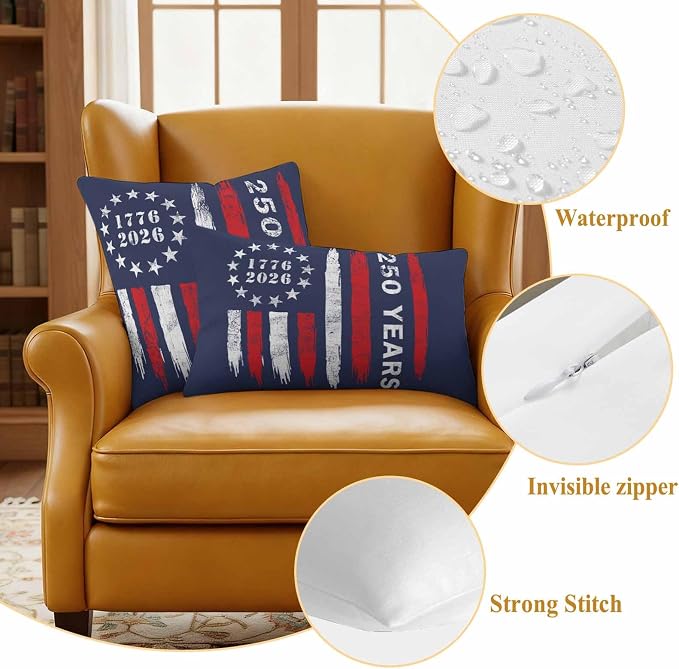 250 Years America Outdoor Pillow Covers 16"x16" Set of 2, Waterproof Throw Pillow Covers for Patio Furniture, USA 250th Anniversary Red White Blue Decorative Cushion Covers for Porch