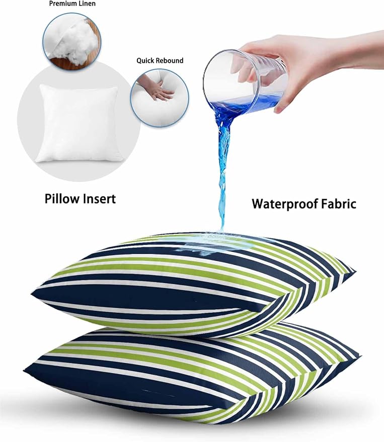 Outdoor Waterproof Throw Pillows Navy Blue Green Stripe Patio Pillows Pack of 2,Decorative Pillow Covers with Insert,Pillow Cushion Case for Garden Couch Sofa White Line