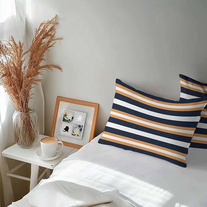 Orange Navy Blue Striped Outdoor Pillow Covers Waterproof, All Weather Cushion Case Set of 2, Minimalist Farmhouse Lines Lumbar Pillowcase for Sofa Couch Bed Decor Patio Furniture 20"x12"