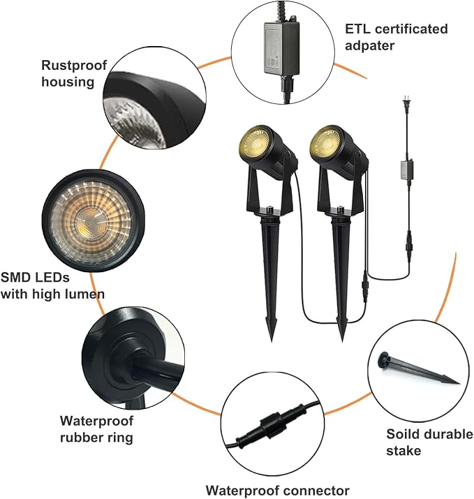 SUNTHIN 6 Pack Outdoor Landscape Lights with Transformer, LED Spotlights | Low Voltage Yard Lighting, Extendable Landscape Ground Lights, IP65 Waterproof Outdoor Spot Lights for Garden, Trees & House