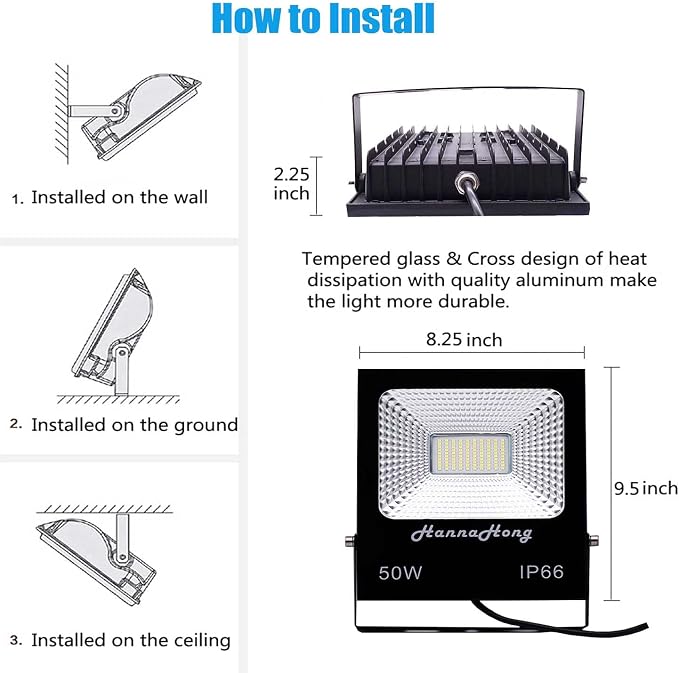 50W LED Flood Light Plug in with Switch,Cool White,Security/Work/Plant Grow Outdoor Light,IP66 Waterproof,Reflector Exteriore Spotlight for Porch, Garage,Patio,Yard,Garden