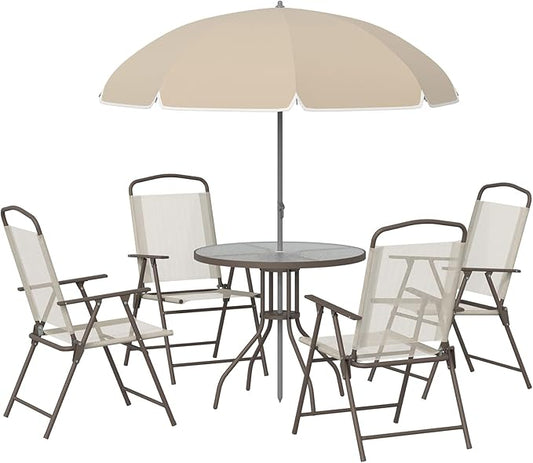 6-Piece Patio Dining Set for 4 with Umbrella, Outdoor Table and Chairs Set with 4 Folding Chairs, Round 31.5" Tempered Glass Table for Garden Backyard Poolside (Beige)