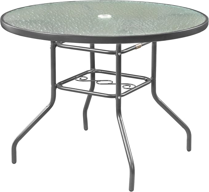 Garden Elements Outdoor Patio Furniture, Round Dining Table, Steel Base and Rim with Water-Wave Glass Top, Grey, 40"