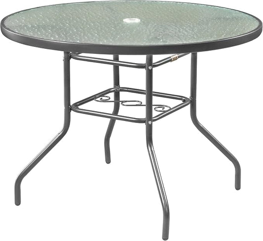 Garden Elements Outdoor Patio Furniture, Round Dining Table, Steel Base and Rim with Water-Wave Glass Top, Grey, 40"