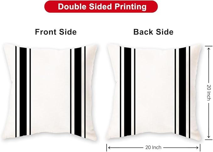ONWAY Outdoor Pillow Covers Waterproof 20x20 Set of 2 Decorative Linen Throw Pillow Cover Beige and Black Striped Outdoor Pillows for Patio Furniture