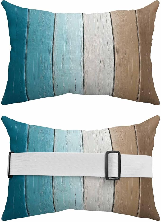 Teal Brown Ombre Outdoor Pillows for Chaise Lounge Chair Waterproof Lumbar Pillows with Insert&Adjustable Strap Beach Headrest Pillow Vintage Country Wooden Recliner Neck Pillow for Patio Pool 12"x20"