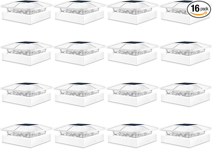 4x4 Solar Post Cap Lights Outdoor with 3 Modes, 16 Packs White Fence Light Solar Powered Waterproof, Wood/Vinyl Deck Post Lights for Yard Garden Patio Porch Outside