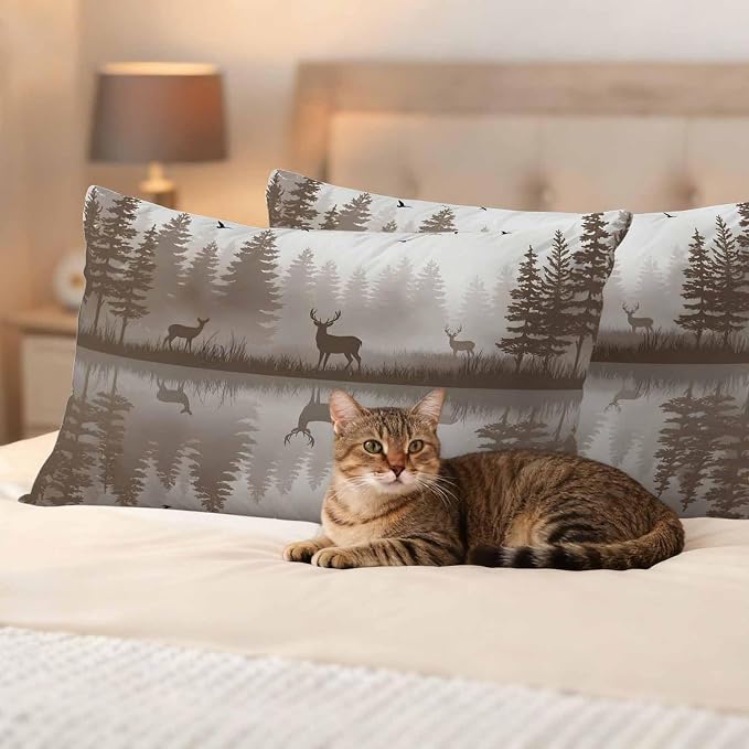 Yukro Brown Nature Landscape Outdoor Waterproof Pillow Covers Pack of 2, Deer Misty Lake Foggy Forest Birds Throw Pillowcases Decorative Cushion Covers for Garden Patio Tent Sofa Couch, 20x12 inch