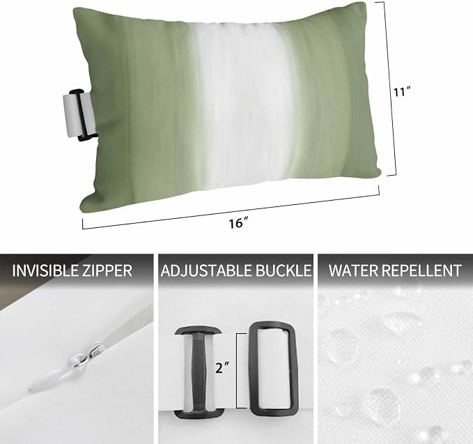 Outdoor Lumbar Pillow Set of 1, Sage Green Striped Waterproof Beach Headrest Pillow with Inserts, Green White Ombre Farmhouse Gradient Recliner Throw Pillows for Patio Furniture, 12 x 20