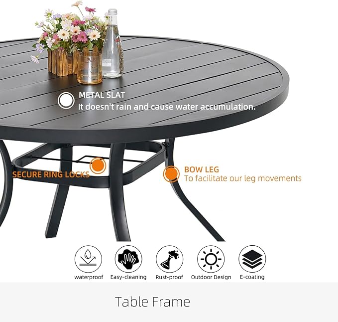 Patio Dining Table for 6,Steel Slatted Round Outdoor Table with Adjustable Umbrella Hole,54",Black