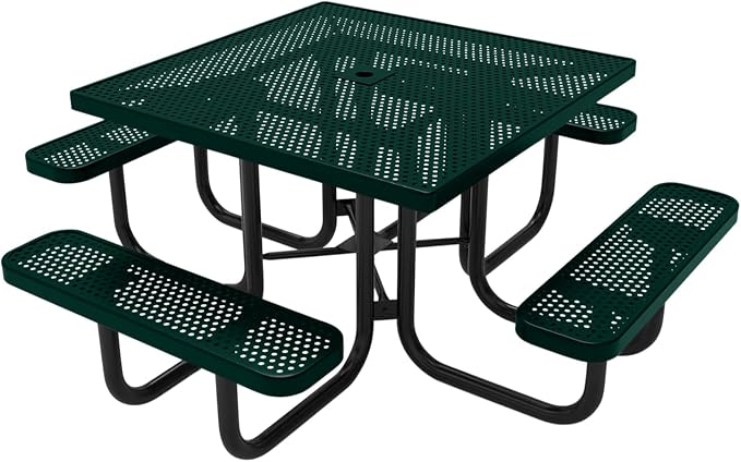 COATEDOUTDOORFURNITURE Heavy-Duty Portable Outdoor Picnic Table with Umbrella Hole, Punched Steel Commercial-Grade Patio Dining Furniture Made in America (46" Square Top, Textured Dark Green)