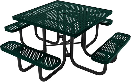 COATEDOUTDOORFURNITURE Heavy-Duty Portable Outdoor Picnic Table with Umbrella Hole, Punched Steel Commercial-Grade Patio Dining Furniture Made in America (46" Square Top, Textured Dark Green)