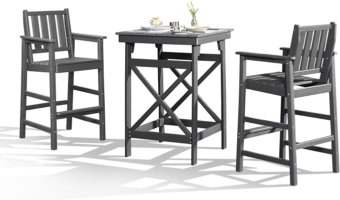 3-Piece Adirondack Chairs and Table Set, HDPE Patio Bar Sets, All Weather Outdoor Bar Stools Set, HDPE Adirondack Bar Height Chairs and Bar Table for Balcony, Pool, Porch, Smoke Gray