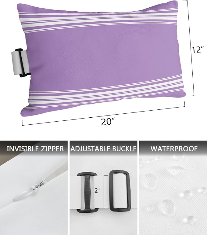 Recliner Head Pillows Lounge Chair Pillows with Insert Farmhouse Purple White Stripe Lumbar Pillow with Adjustable Strap Outdoor Waterproof Patio Pillows for Couch Beach Pool Chair, 1PCS, 12x20in