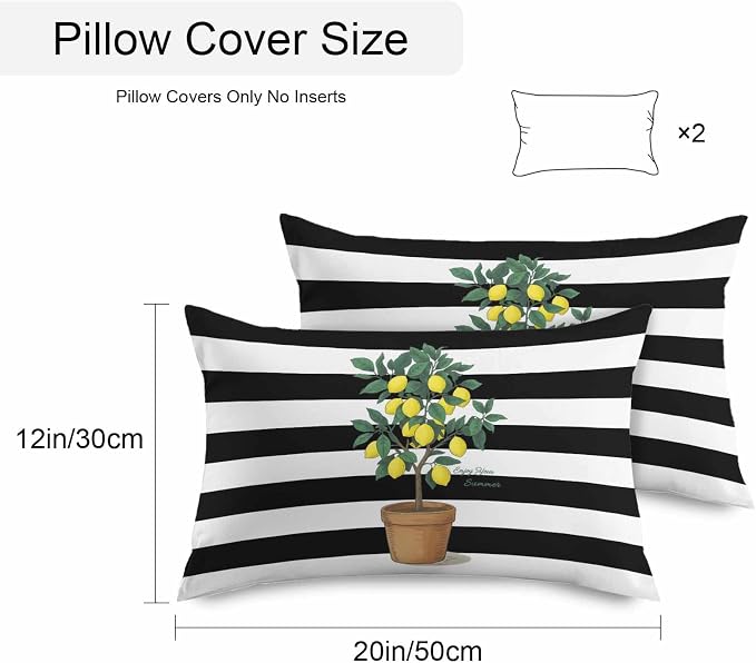 Summer Lemons Outdoor Waterproof Pillow Covers Set of 2, Yellow Fruit Leaf Black White Striped Abstract Pillowcase Decorative Throw Cushion Cases for Patio Garden Couch 20 x 12 Inches