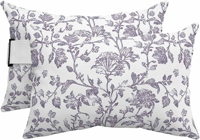Pack of 2 Outdoor Lumbar Pillow Covers 12x20 Inch, Grey-Purple Flower Waterproof Throw Pillow Covers Set, Vintage Farmhouse Boho Leaf Spring Indoor&Outdoor Cushion Cases for Patio Porch Beach