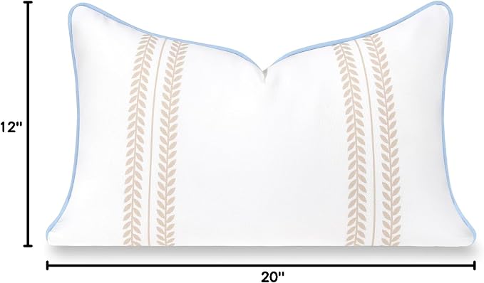 Hofdeco Premium Coastal Hampton Patio Indoor Outdoor Lumbar Pillow Cover Only, 12"x20" Water Repellent for Backyard, Couch, Poolside, Neutral Tan Blue Print Leaf Striped