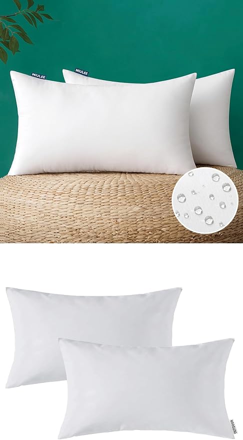 MIULEE Pack of 2 Waterproof Pillow Inserts Bundle Pack of 2 Outdoor Pillow Covers White 12x20 Inch