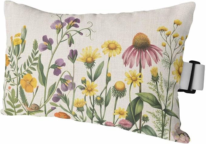 Spring Wildflowers Outdoor Pillows with Insert 12x20 Inch Summer Country Plants Leaf Flowers Linen Waterproof Headrest Pillows with Adjustable Strap Lounger Chair Throw for Patio Furnitures , 1 Pack