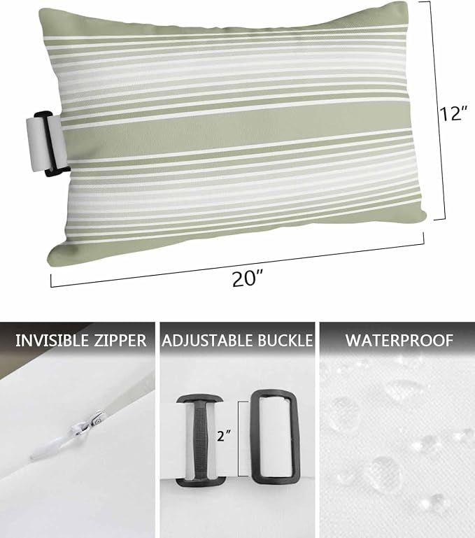 Pack of 4 Outdoor Lumbar Pillow Covers 12x20 Inch, Sage Green Striped Waterproof Throw Pillow Covers Set, Green Ombre Farmhouse Stripes Indoor&Outdoor Decorative Cushion Cases for Patio Porch Car