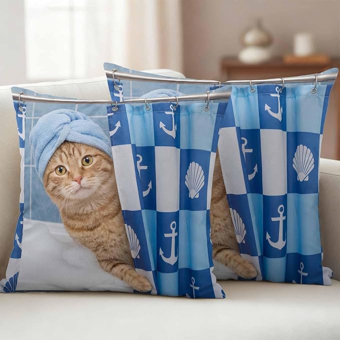 Bathing Cat Waterproof Outdoor Pillow Covers Set of 2 Home Decor, Funny Animal Showering Lumbar Pillowcase Patio Pillow Covers for Couch Bench Patio Furniture Garden 20x20in