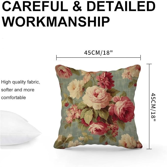 Cushion Cases Watercolor Pink Roses Pillowcase Classic Romantic Aqua Flower Pillow Cover Accent Square Couch Sofa Cushion Covers for Couch Sofa Patio 18x18 in