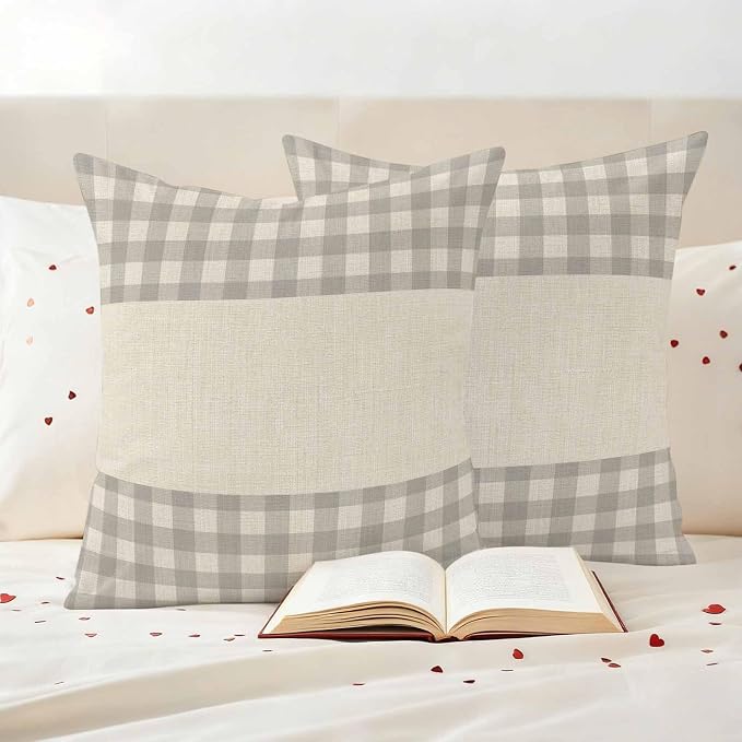 Retro Grey Outdoor Waterproof Pillow Covers, Farmhouse Buffalo Plaid Vintage Beige Decorative Square Throw Pillowcase Sofa Cushion Sham for Patio/Couch/Chair, 18"x18" 2 Pack