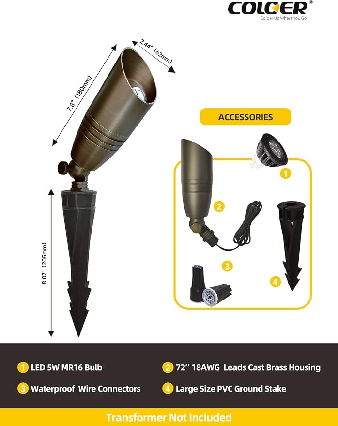 COLOER Brass Landscape Spotlights, 6 Pack Landscape Light Fixture with 5W Aluminum Housing MR16 LED Bulb 2700K 450LM,12V AC/DC Low Voltage Outdoor Spot Lighting,Uplight for Garden and Patio(102B)