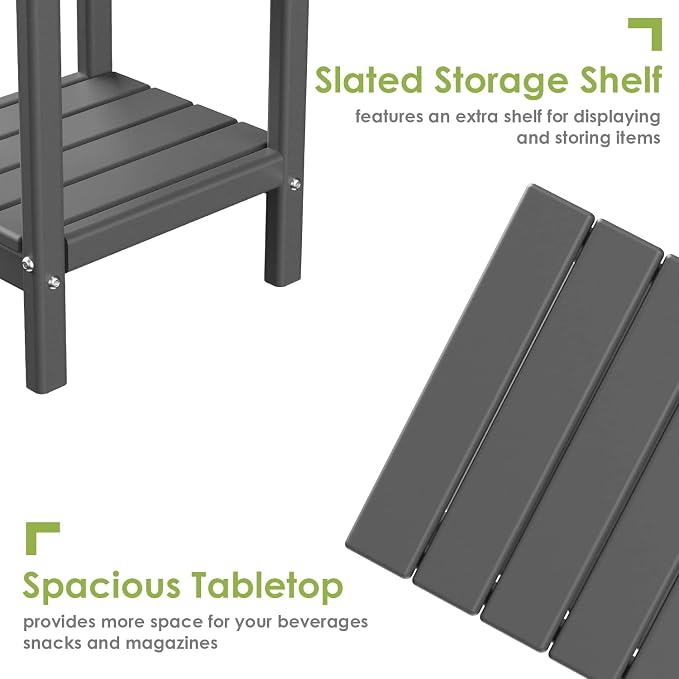 GREENVINES Adirondack-Outdoor-Side-Table | Set of 2 | 14 x 13 Inches | HDPE Plastic | All Weather | Grey | Outside End Tables | Storage Shelf | for Patio Porch Backyard Indoor