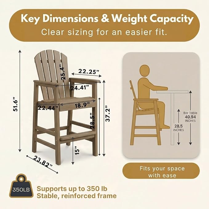 WILLIAMSPACE Patio Bar Chair Bar Stool, Outdoor All Weather HDPE Height Adirondack Chair with Armrests & Cup Holder, 1-Piece Counter Height Chair for Pool, Garden, Kitchen, ONLY 1 Chair (Brown)