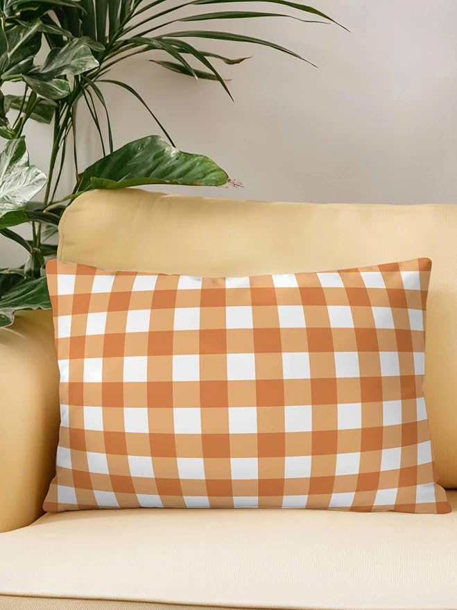 Waterproof Outdoor Pillow 1 Pack Orange Buffalo Plaid Decorative Throw Pillows Cover & Insert 20x12 Inch Lumbar Pillowcase Check Lines Pillows for Couch Sofa Bed Patio Furniture Indoor Outdoor