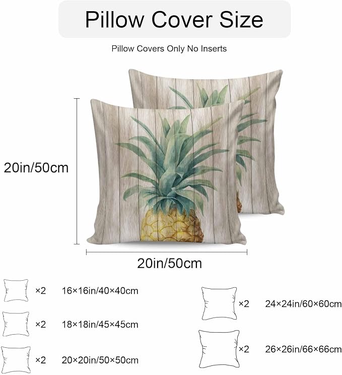 Vandarllin Outdoor Throw Pillows Covers 20x20 inch Set of 2 Waterproof Pineapple Decorative Zippered Cushion Covers for Patio Furniture, Summer Tropical Fruit Wood Lumbar Pillowcases