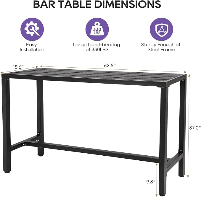 Outdoor Bar Table, 63" Black Patio Counter Height Bar Table, Outdoor Console Table with Weather Resistant Waterproof Top for Hot Tub, Balcony, Garden, Yard, Poolside,Black (Black, 63")