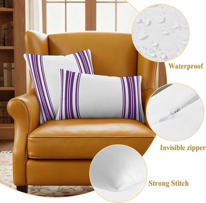 Outdoor Waterproof Throw Pillow Covers Set of 2 Purple Stripes Lumbar Pillowcases 20x12 Inches White Vertical Striped Decorative Pillows Cushion Case Patio Pillows for Couch Bed Chair Garden