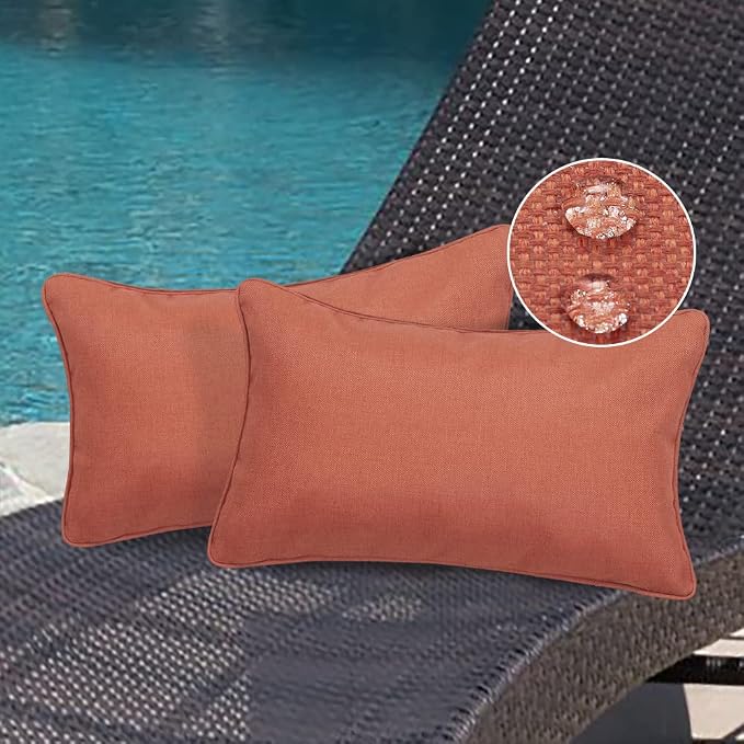 Magpie Fabrics Pack of 2 Outdoor Waterproof Lumbar Rectangular Throw Pillow with Insert 12x20 Inch, Home Decorative Toss Cushion for Patio Garden Car Office (Coral Orange Red)