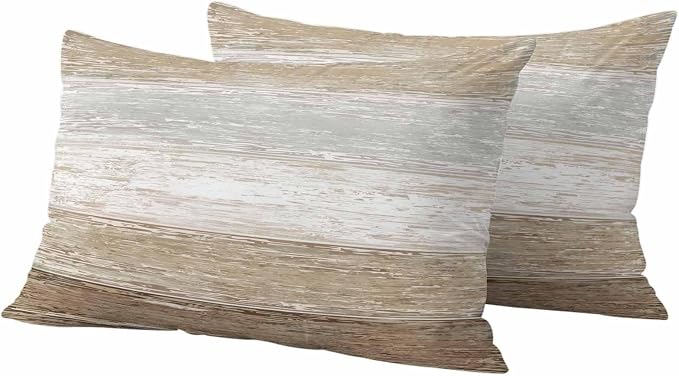 Outdoor Waterproof Throw Pillow Covers, Vintage Brown Grey Decorative Pillow Cases, Farmhouse Barn Wooden Striped Couch Pillow Protector Patio Sofa Cushion Covers Replacement 20"x12" 2 Pack