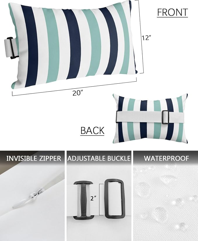 Outdoor Pillows Waterproof Covers Set of 2, Navy Blue Teal Stripes Adjustable Elastic Chaise Lounge Headrest Pillow Covers, Contrast Striped Lumbar Pillow for Pool Patio Furniture 20x12 Inch