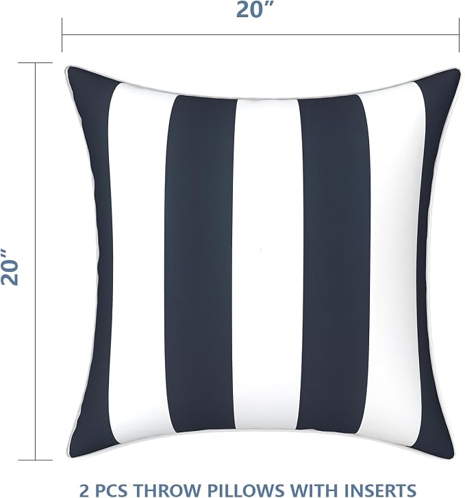 LVTXIII Outdoor Throw Pillows 20x20 Patio Waterproof Square Pillows with Piping Fade Resistant Accent Pillow for Spring Summer Garden Decoration, Set of 2, Cabana Navy