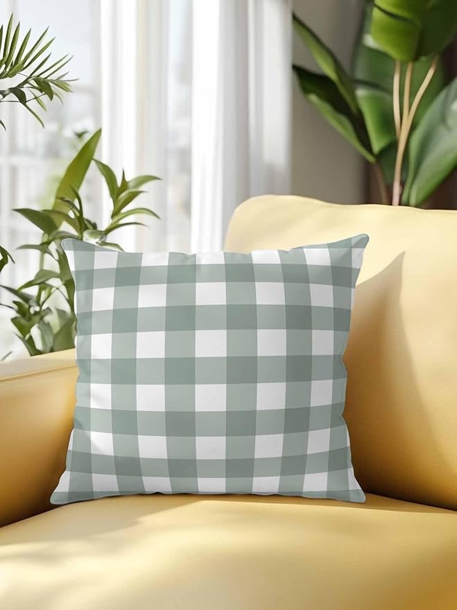 Waterproof Outdoor Pillow 1 Pack Sage Green Buffalo Plaid Decorative Throw Pillows Cover & Insert 16x16 Inch Pillowcase Check Lines Square Pillows for Couch Sofa Bed Patio Furniture Indoor Outdoor