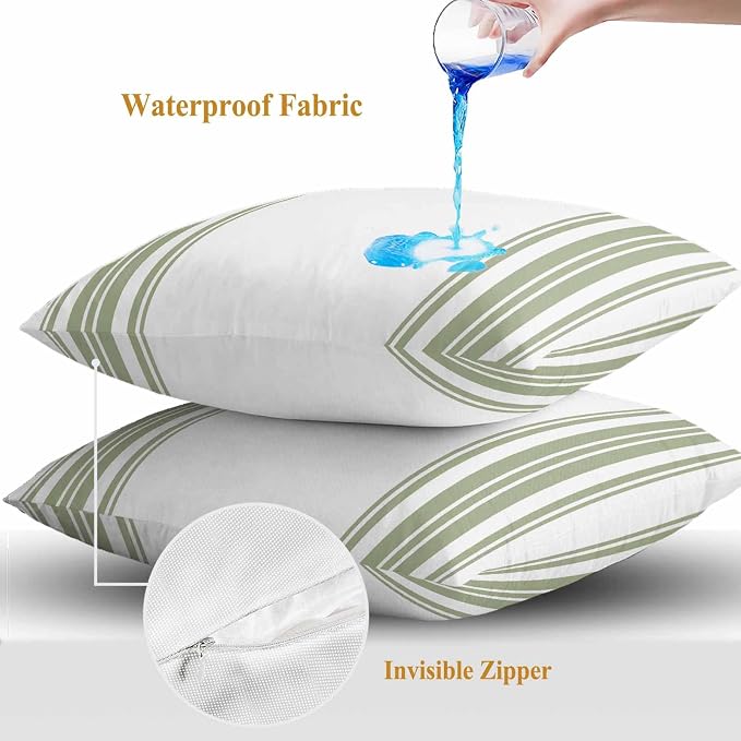 Outdoor Waterproof Throw Pillow Covers Set of 2 Sage Green Stripes Pillowcases 26x26 Inches White Vertical Striped Decorative Pillows Cushion Case Patio Pillows for Couch Bed Chair Garden