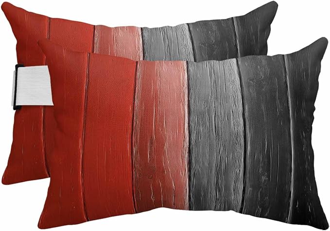 Red Black Ombre Outdoor Pillows for Chaise Lounge Chair Beach Headrest Pillow Set of 2 Waterproof Lumbar Pillows with Insert&Strap Vintage Farmhouse Wooden Recliner Neck Pillow for Patio Pool 12"x20"