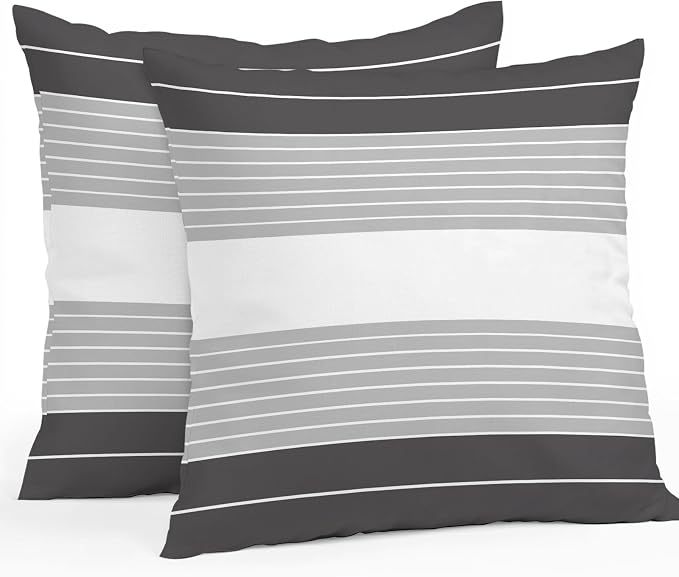 Black Grey Stripe Outdoor Pillow Covers Waterproof, All Weather Cushion Case Set of 2, Modern Art Horizontal Striped Decorative Pillowcases for Sofa Couch Bed Decor Patio Furniture 18"x18"
