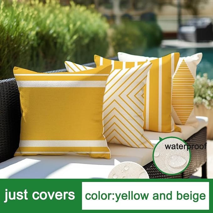 Outdoor Pillows Covers 18x18 Waterproof,Blue and Beige Set of 4(No Insert) | for Covered Patio Furniture Couch Sunbrella,No Insert Just Covers,Fit 18x18 inch Inserts or Smaller,Durable Polyester,Boho